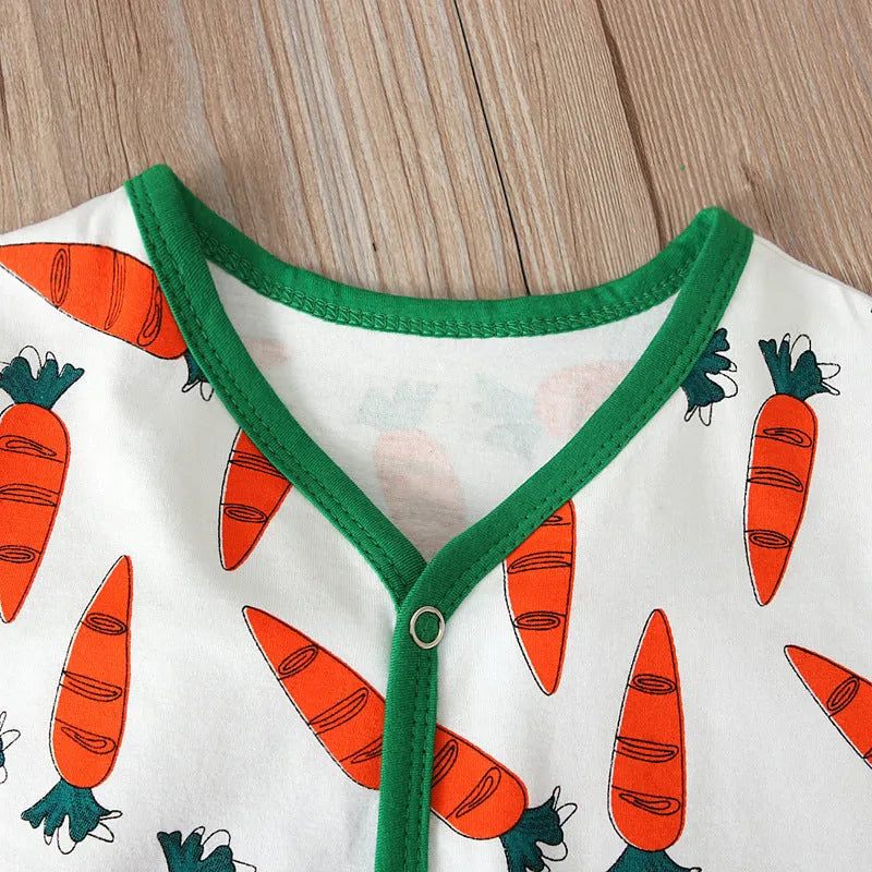 Red cotton baby romper jumpsuit for Easter, shown with size chart for 70cm, 80cm, 90cm, and 100cm