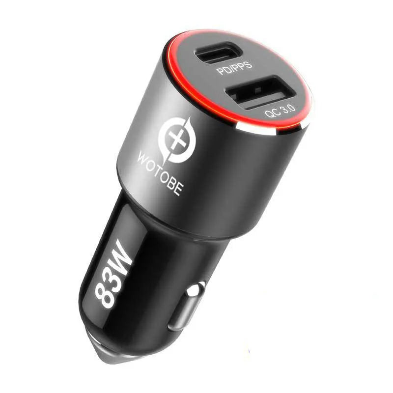 83W fast dual-port car charger with USB C PD and QC3.0 ports next to a smartphone and cable.