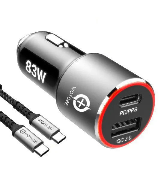 83W fast dual-port car charger with USB C PD and QC3.0 ports next to a smartphone and cable.