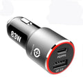 83W fast dual-port car charger with USB C PD and QC3.0 ports next to a smartphone and cable.