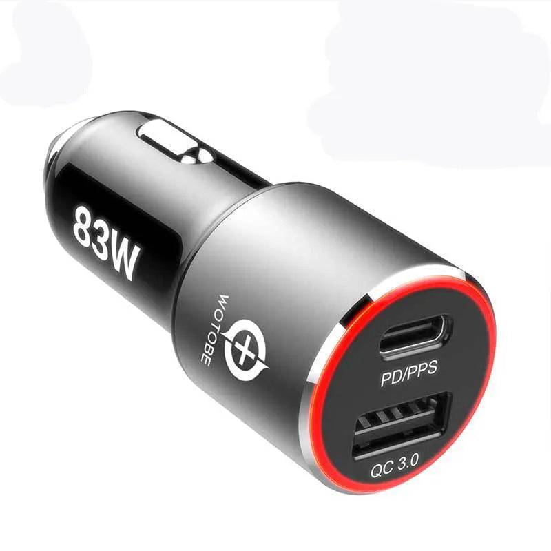 83W fast dual-port car charger with USB C PD and QC3.0 ports next to a smartphone and cable.