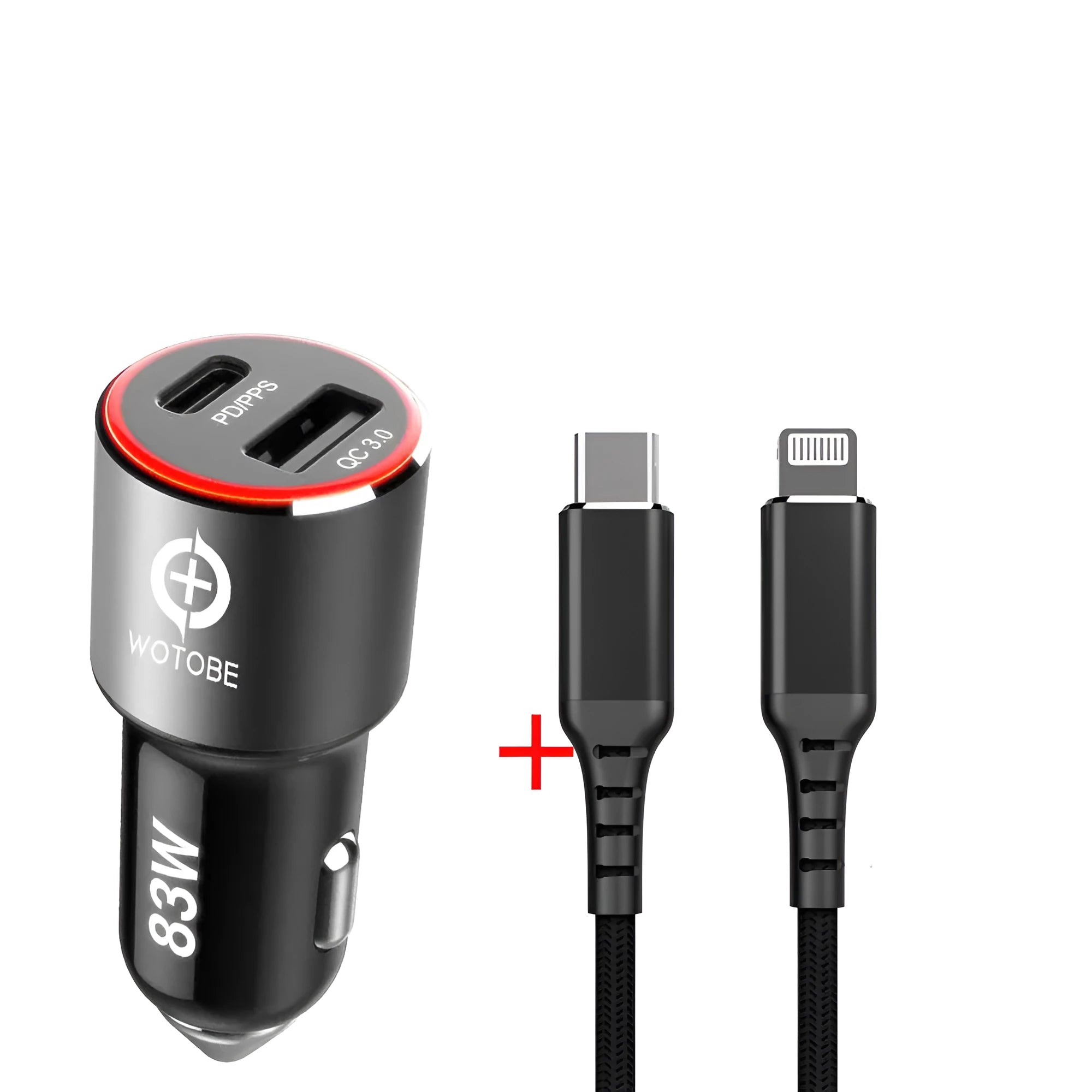 83W fast dual-port car charger with USB C PD and QC3.0 ports next to a smartphone and cable.