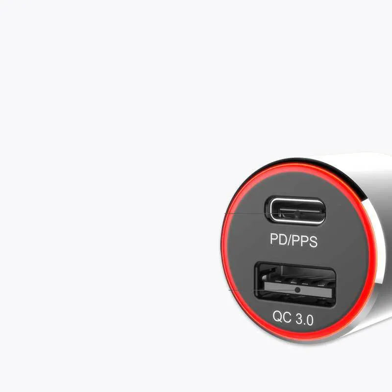 83W fast dual-port car charger with USB C PD and QC3.0 ports next to a smartphone and cable.