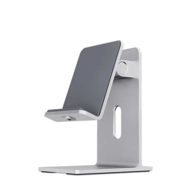 Dark grey alloy mobile phone and tablet holder with adjustable clamp on a wooden desk.