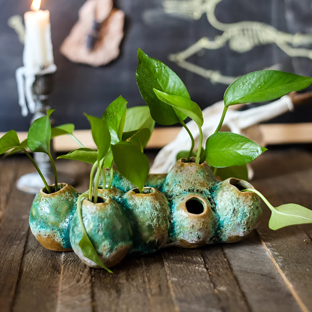 Medium ceramic barnacle vase with porous texture in new Chinese style, shown on a table.