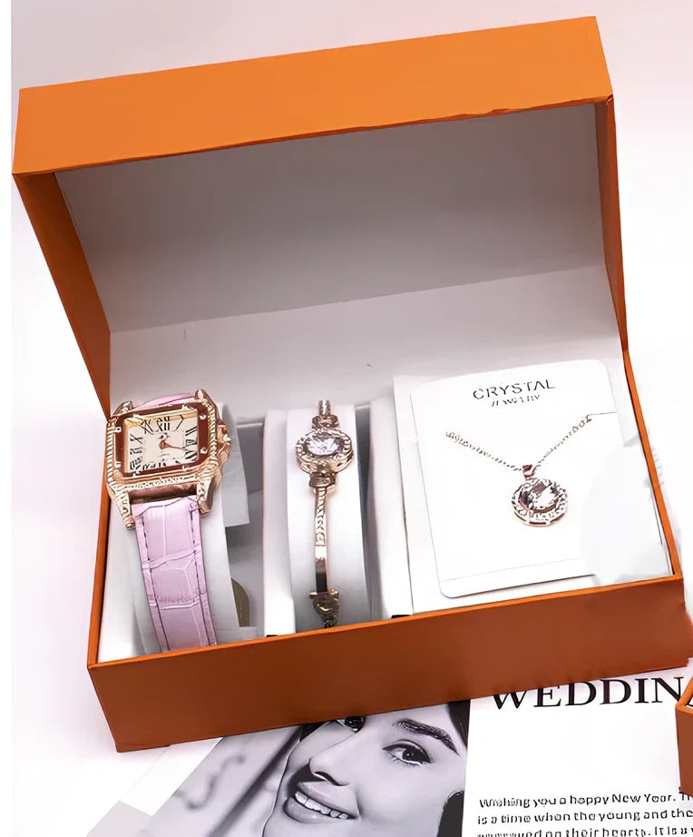 Women's black leather wrist watch set with 32mm dial, necklace, and bracelet on display