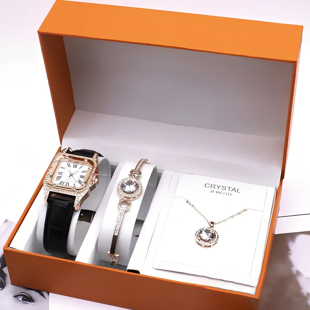 Women's black leather wrist watch set with 32mm dial, necklace, and bracelet on display