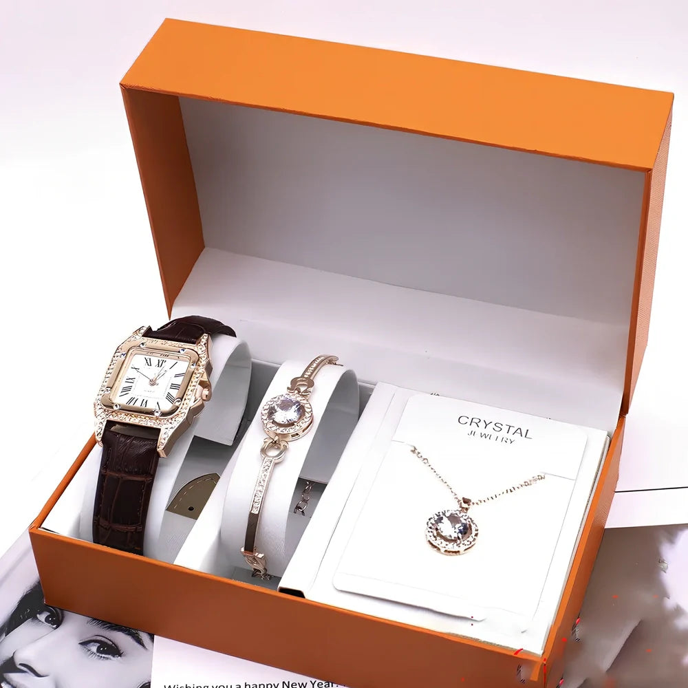 Women's black leather wrist watch set with 32mm dial, necklace, and bracelet on display