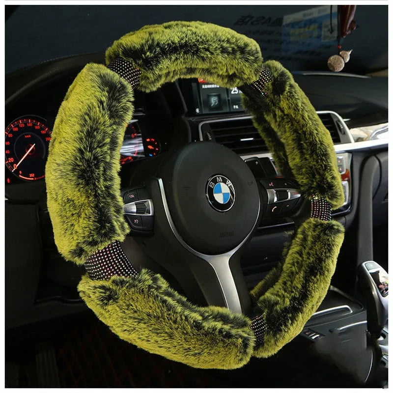 Winter plush car steering wheel cover with Korean diamond pattern in imitation leather, 38cm diameter, gray-black colour