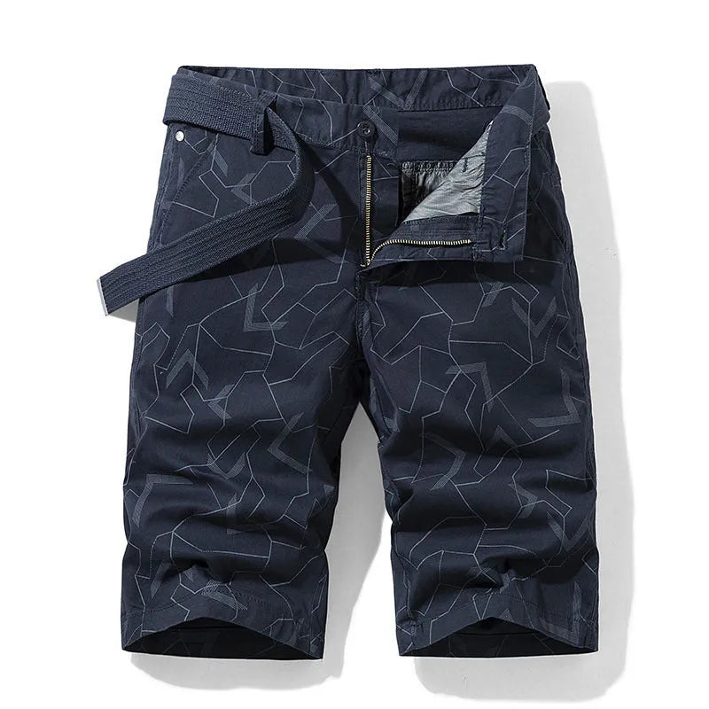 Geometric print straight casual shorts for men in khaki, Japanese style drawstring waist
