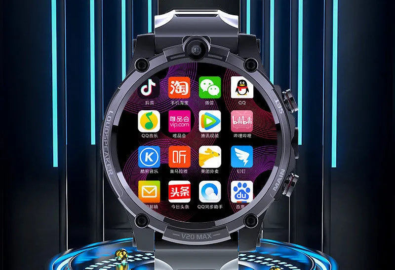 Black smartwatch with 1.6-inch screen, dual cameras, and a wrist strap showing 4G connectivity and heart rate monitoring