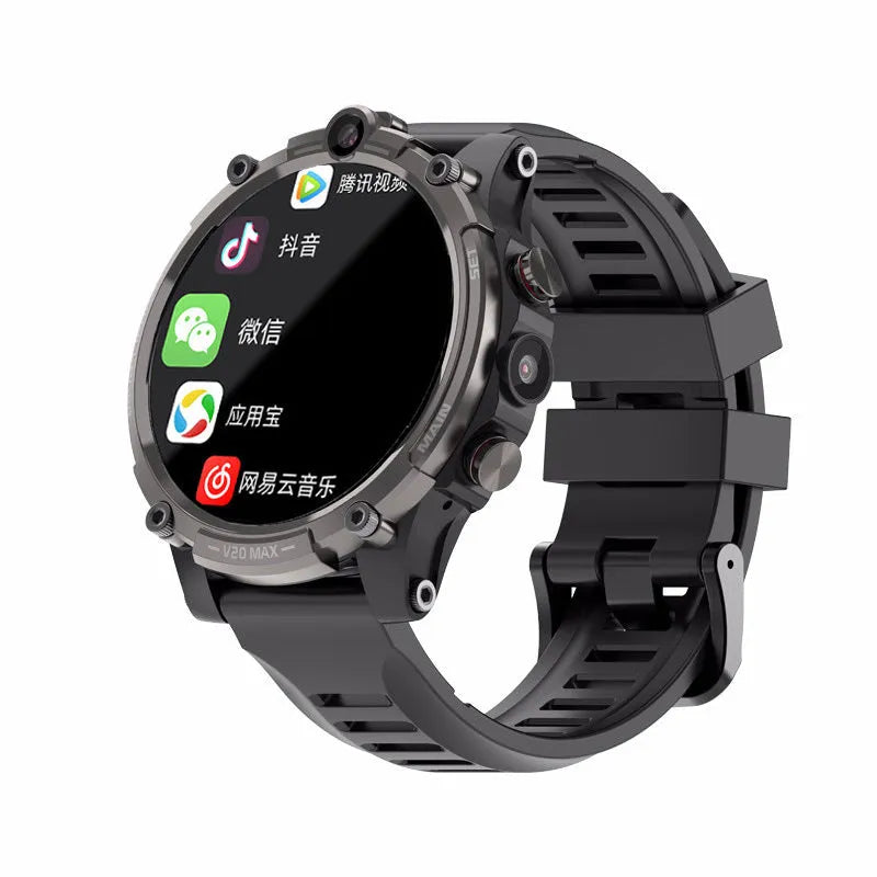Black smartwatch with 1.6-inch screen, dual cameras, and a wrist strap showing 4G connectivity and heart rate monitoring