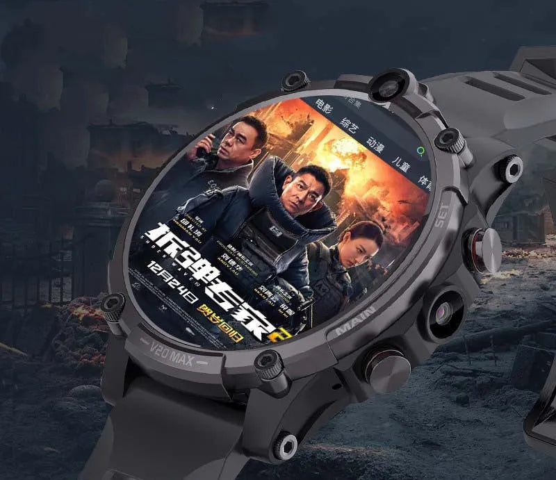 Black smartwatch with 1.6-inch screen, dual cameras, and a wrist strap showing 4G connectivity and heart rate monitoring