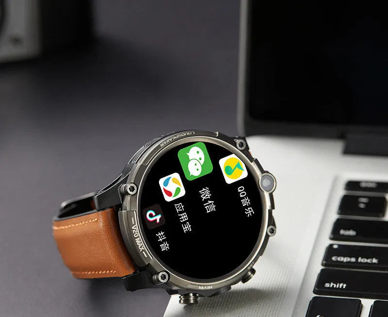 Black smartwatch with 1.6-inch screen, dual cameras, and a wrist strap showing 4G connectivity and heart rate monitoring