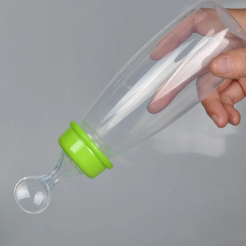 Soft head baby rice cereal squeeze spoon bottle 240mL in blue, green, and pink
