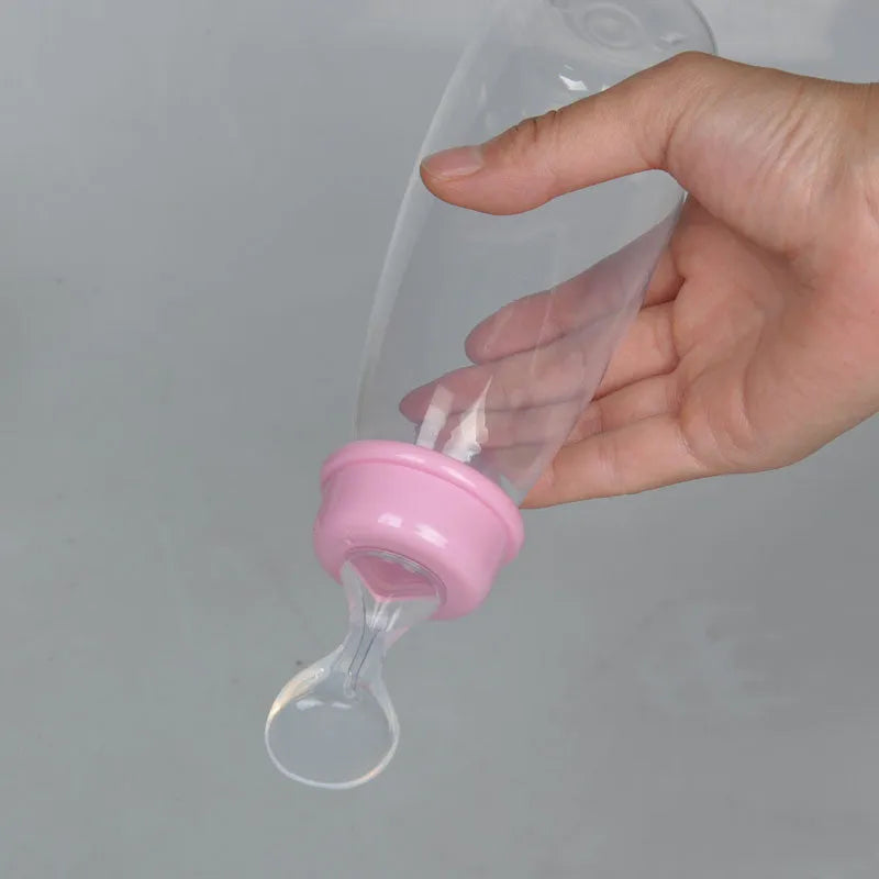 Soft head baby rice cereal squeeze spoon bottle 240mL in blue, green, and pink