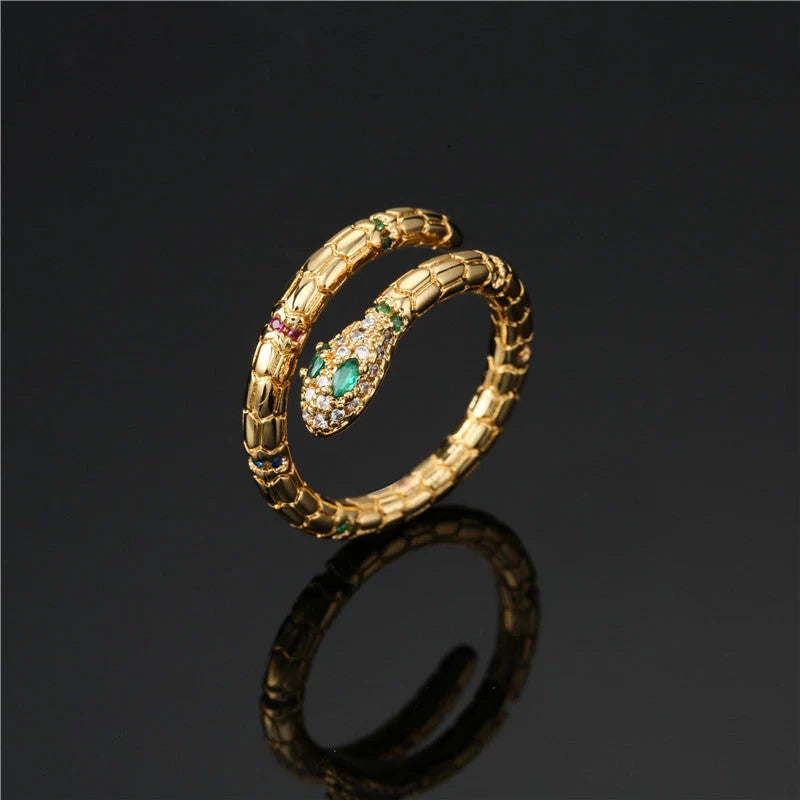 Adjustable gold snake ring with cubic zirconia stones for women