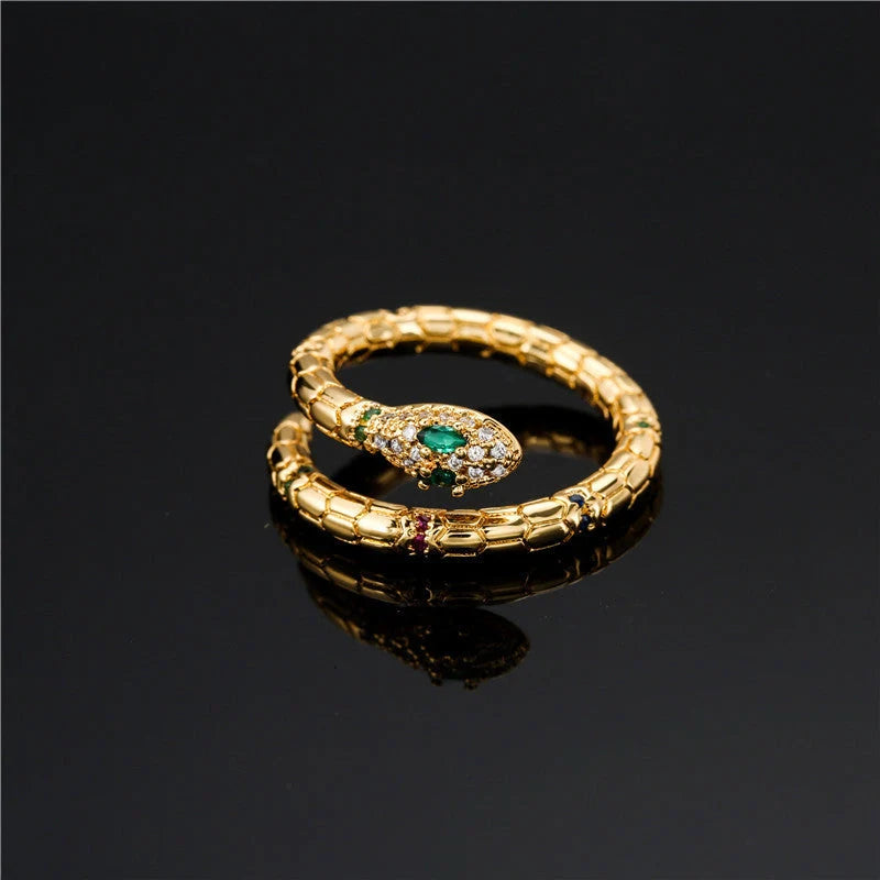 Adjustable gold snake ring with cubic zirconia stones for women
