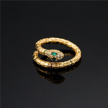 Adjustable gold snake ring with cubic zirconia stones for women