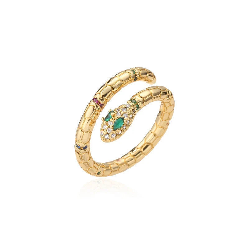 Adjustable gold snake ring with cubic zirconia stones for women
