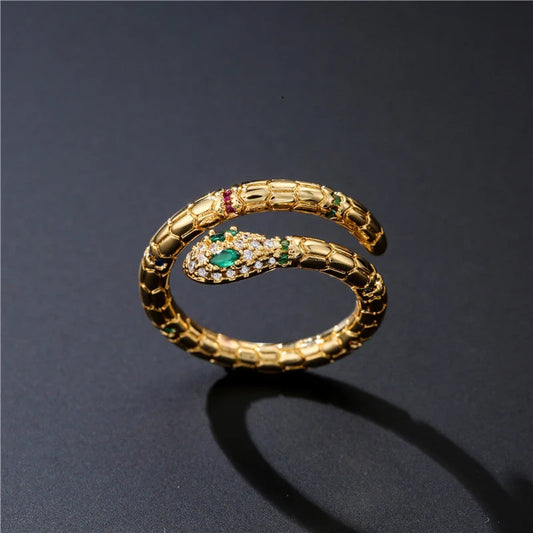 Adjustable gold snake ring with cubic zirconia stones for women