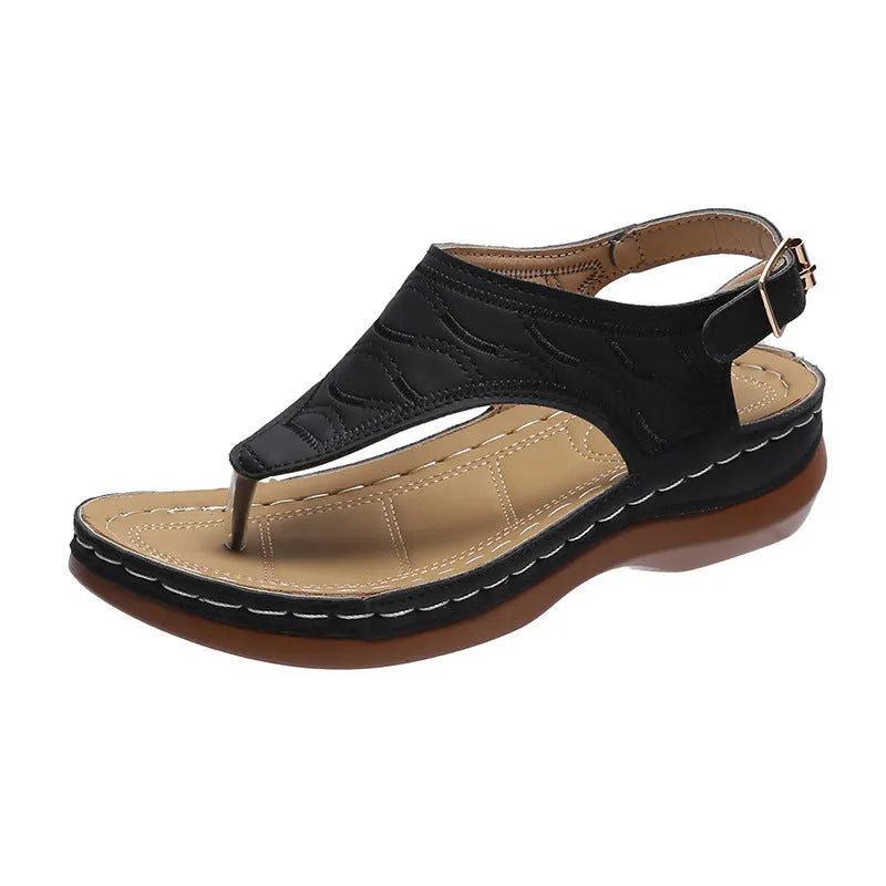 Women's casual wedge heel flip flop sandals with adjustable back strap in red, green, black, blue, and khaki