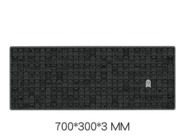 Grey cloth wrist support sticker for computer mouse, showing 700mm and 900mm size options on a desktop.
