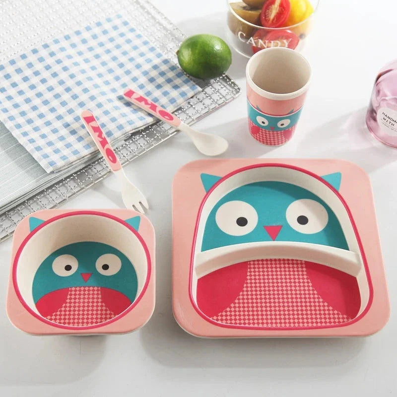 Five-piece bamboo fibre children's tableware set with vibrant animal-themed designs