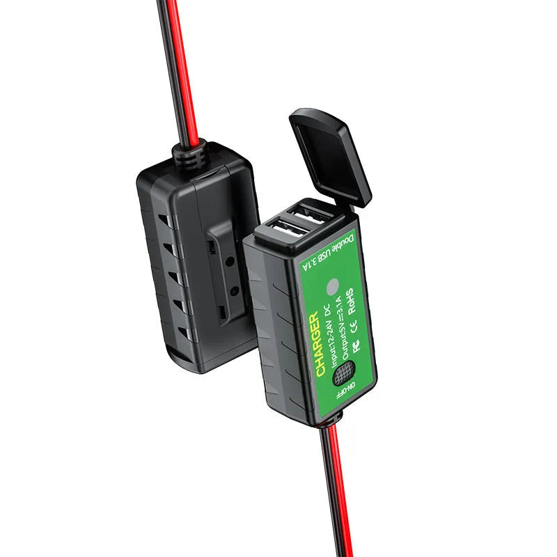 12V dual USB motorcycle charger waterproof SAE to USB compact 60x29x22mm black housing