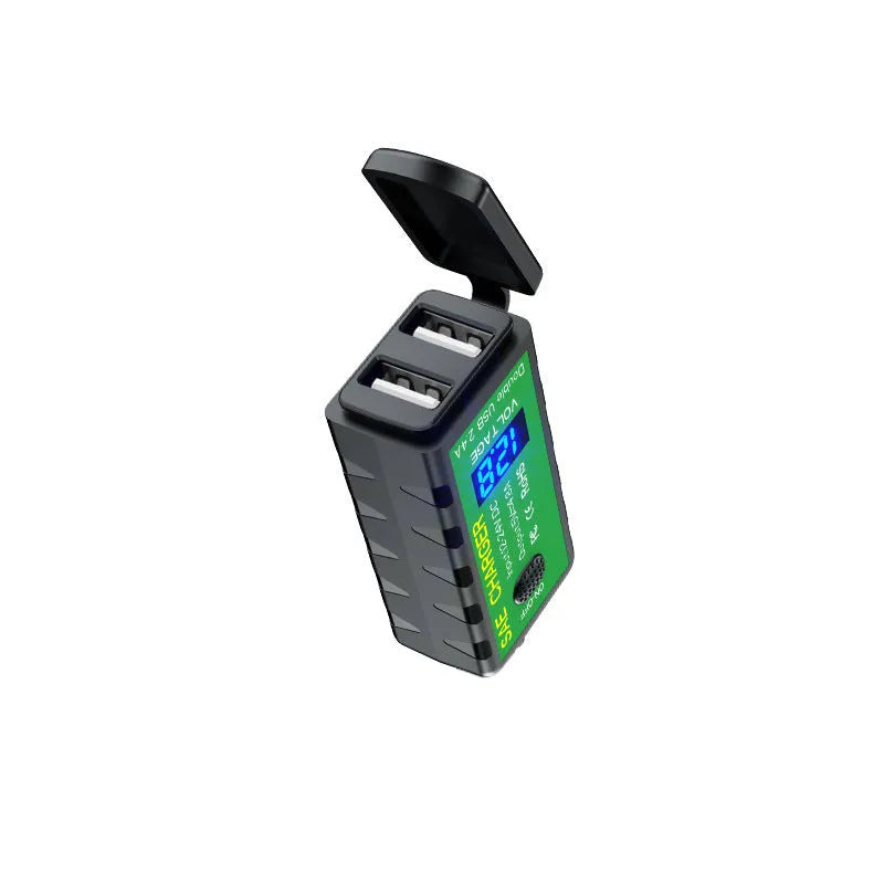 12V dual USB motorcycle charger waterproof SAE to USB compact 60x29x22mm black housing