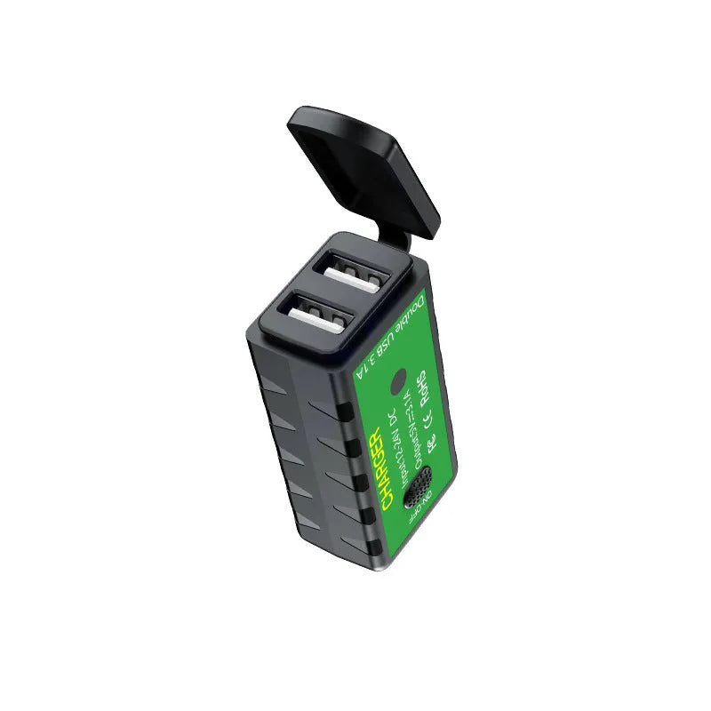12V dual USB motorcycle charger waterproof SAE to USB compact 60x29x22mm black housing