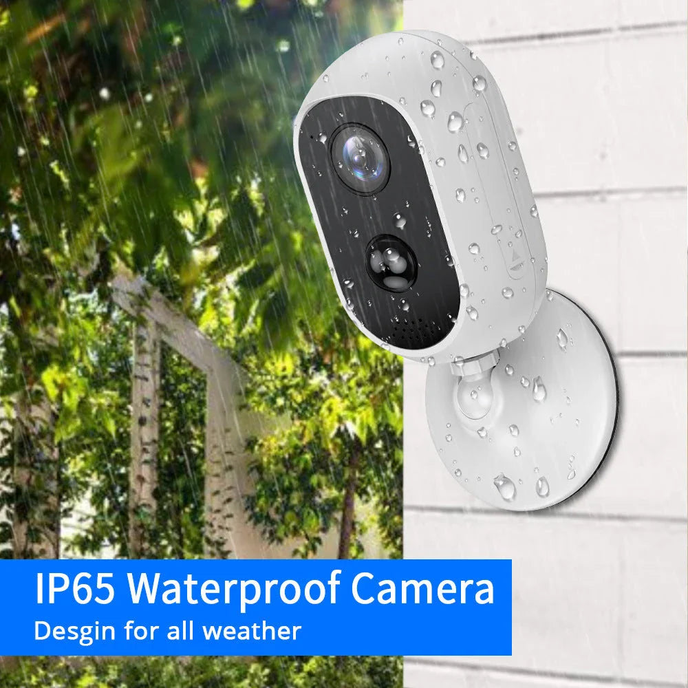 Weatherproof outdoor surveillance camera with rechargeable battery, night vision, and smart motion detection