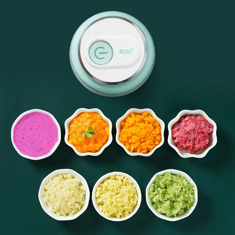Portable electric food chopper with transparent cup and stainless steel blades, showing 150ml and 230ml size options.