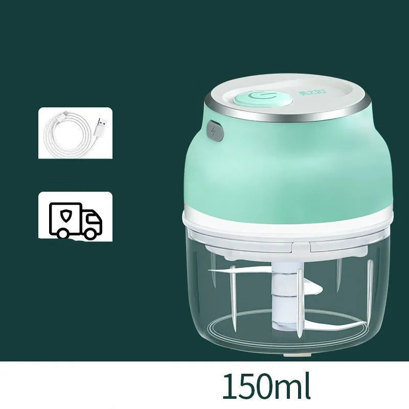 Portable electric food chopper with transparent cup and stainless steel blades, showing 150ml and 230ml size options.