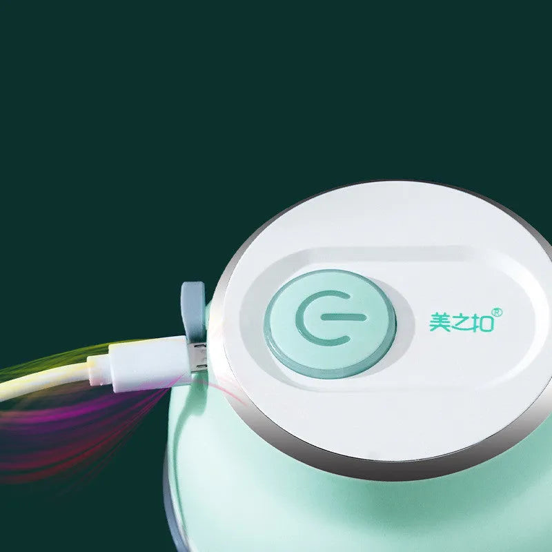 Portable electric food chopper with transparent cup and stainless steel blades, showing 150ml and 230ml size options.