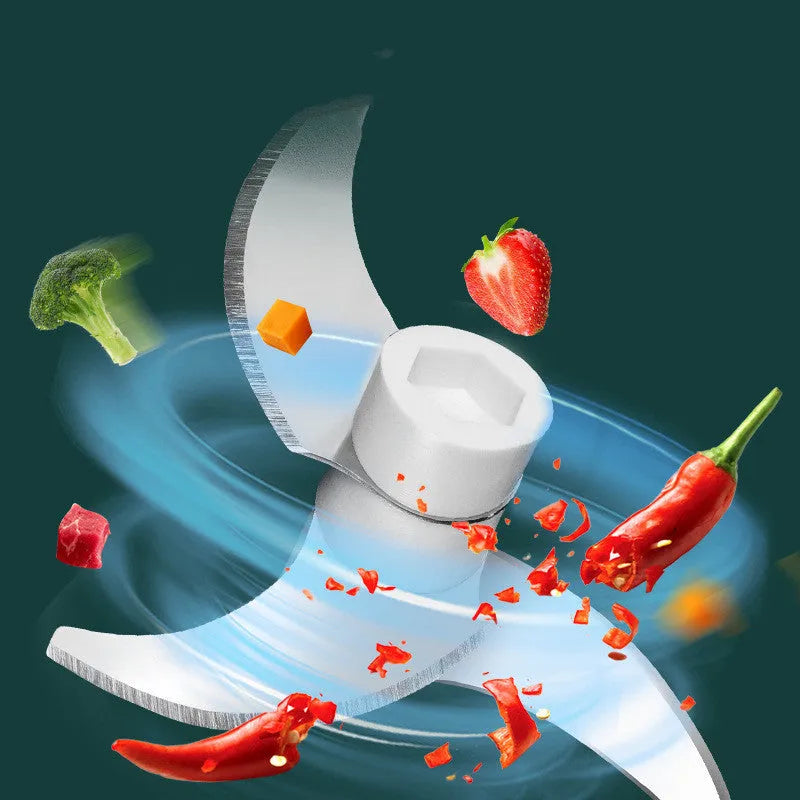 Portable electric food chopper with transparent cup and stainless steel blades, showing 150ml and 230ml size options.