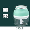 Portable electric food chopper with transparent cup and stainless steel blades, showing 150ml and 230ml size options.