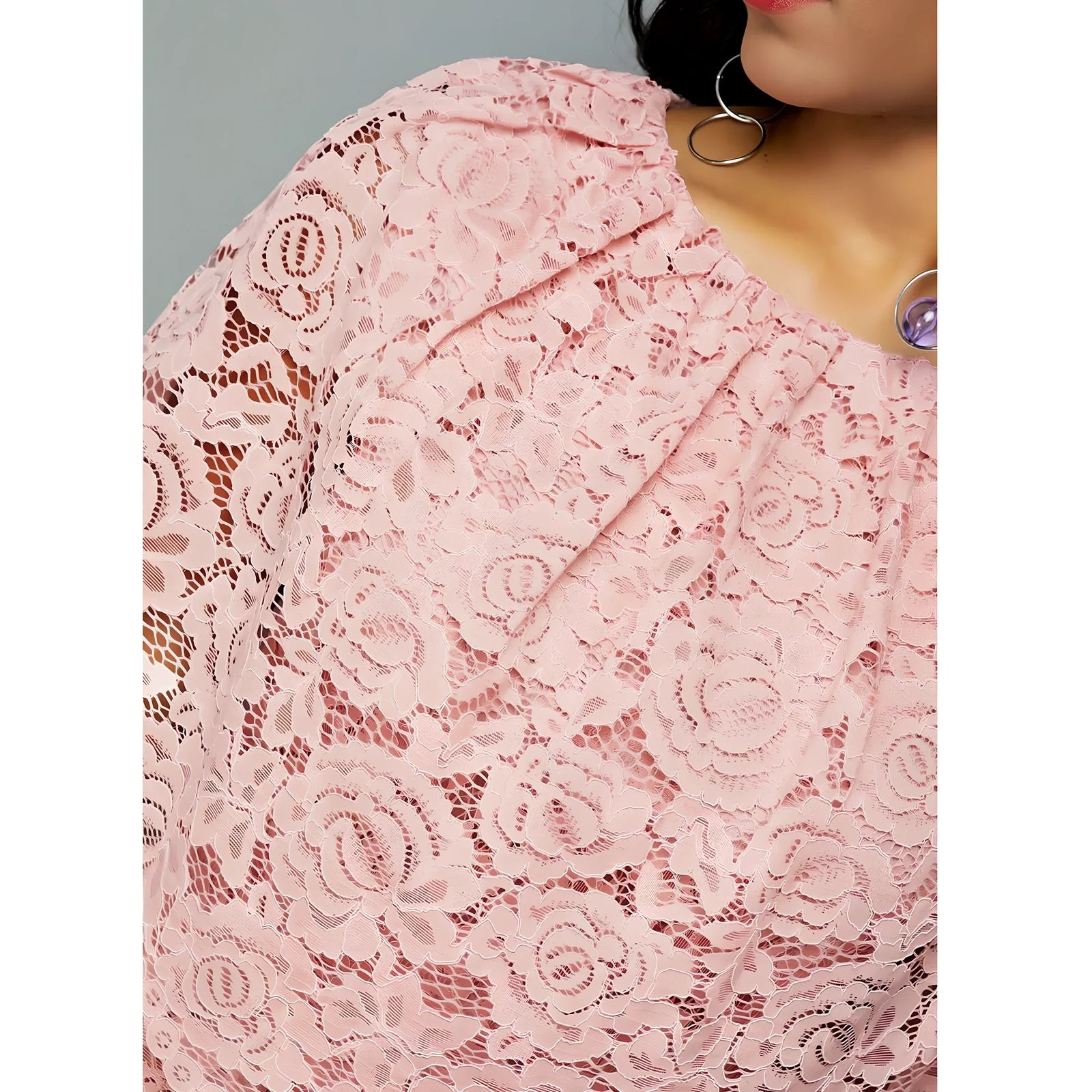 Pink African lace maxi dress with floral pattern and high waist design for formal occasions