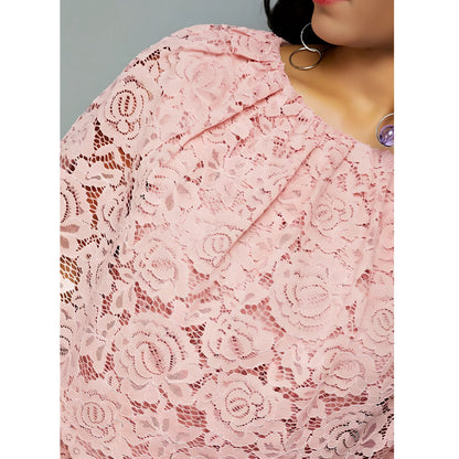 Pink African lace maxi dress with floral pattern and high waist design for formal occasions