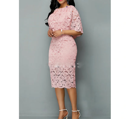Pink African lace maxi dress with floral pattern and high waist design for formal occasions
