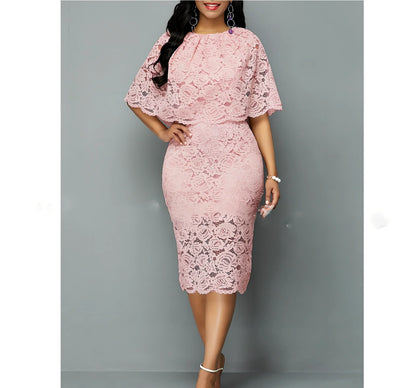 Pink African lace maxi dress with floral pattern and high waist design for formal occasions