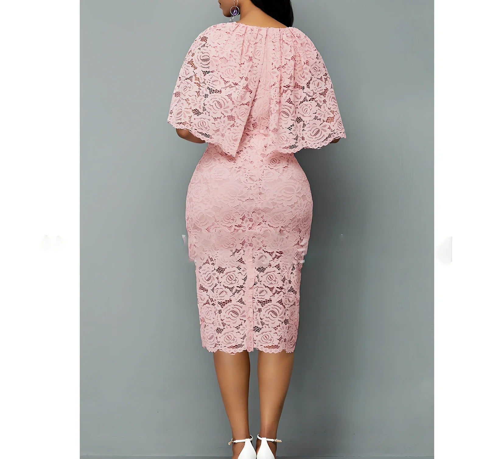 Pink African lace maxi dress with floral pattern and high waist design for formal occasions