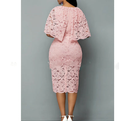 Pink African lace maxi dress with floral pattern and high waist design for formal occasions