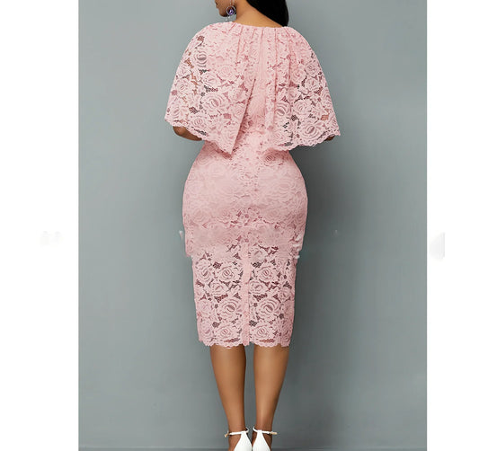 Pink African lace maxi dress with floral pattern and high waist design for formal occasions