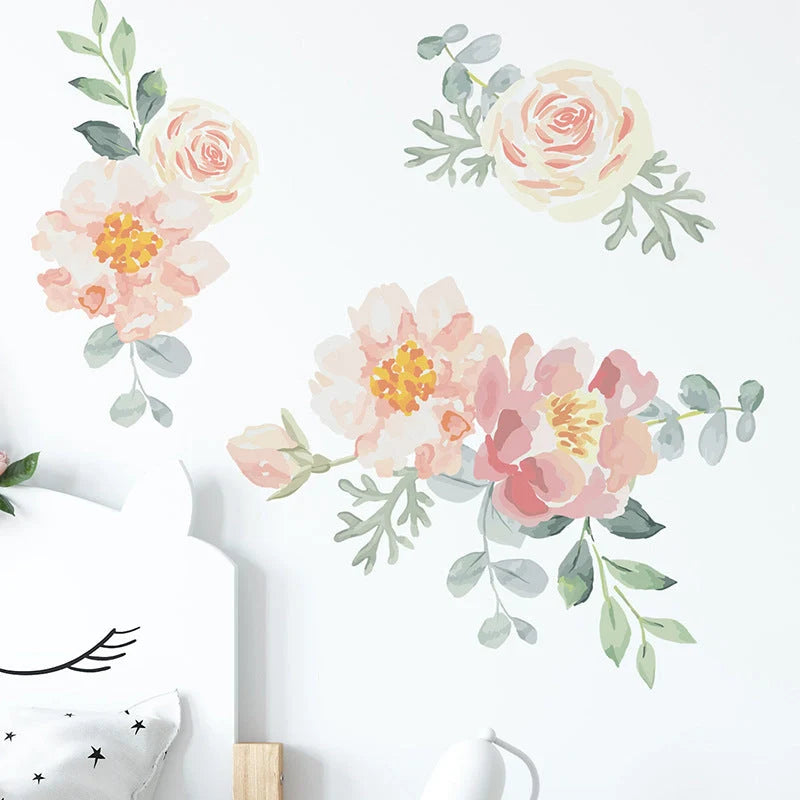 Girly Heart Pink Watercolor Plant Flowers Wall Sticker for room decoration