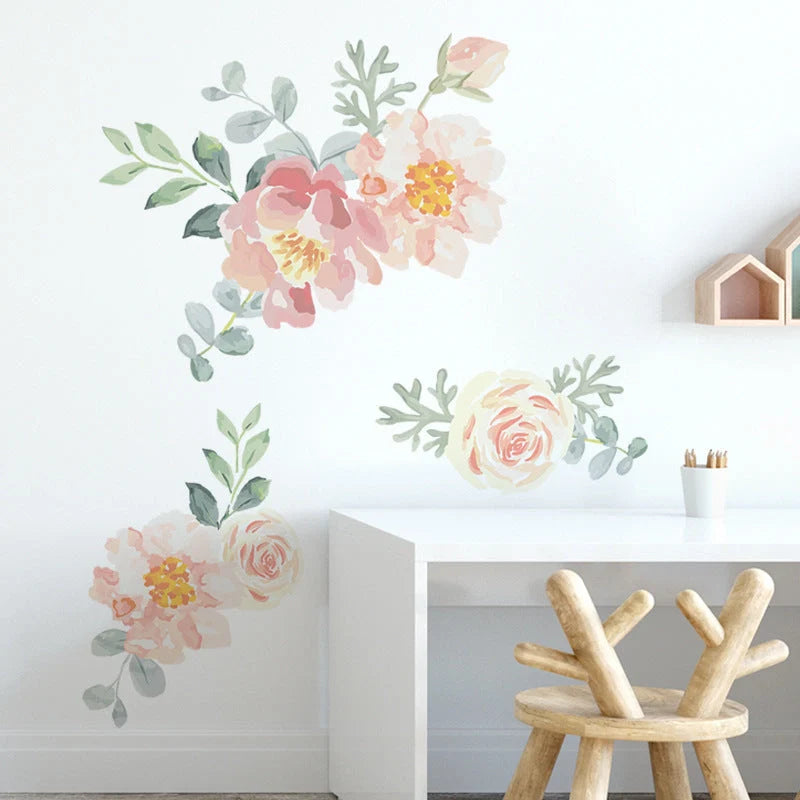 Girly Heart Pink Watercolor Plant Flowers Wall Sticker for room decoration
