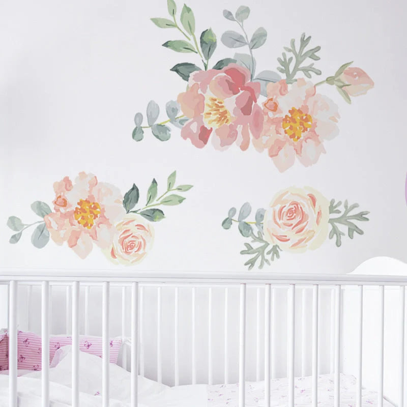 Girly Heart Pink Watercolor Plant Flowers Wall Sticker for room decoration