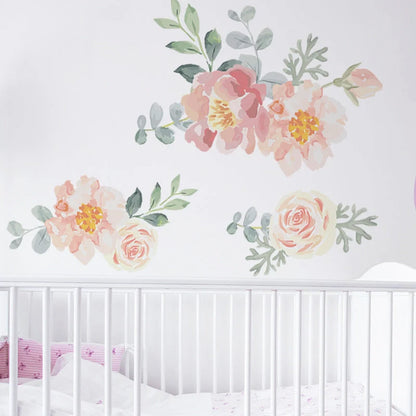 Girly Heart Pink Watercolor Plant Flowers Wall Sticker for room decoration