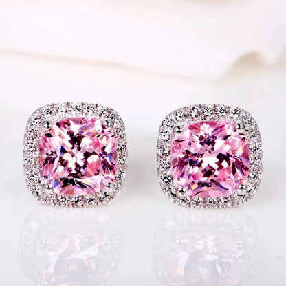 Retro geometric diamond earrings in yellow, white, and pink with zircon mosaic