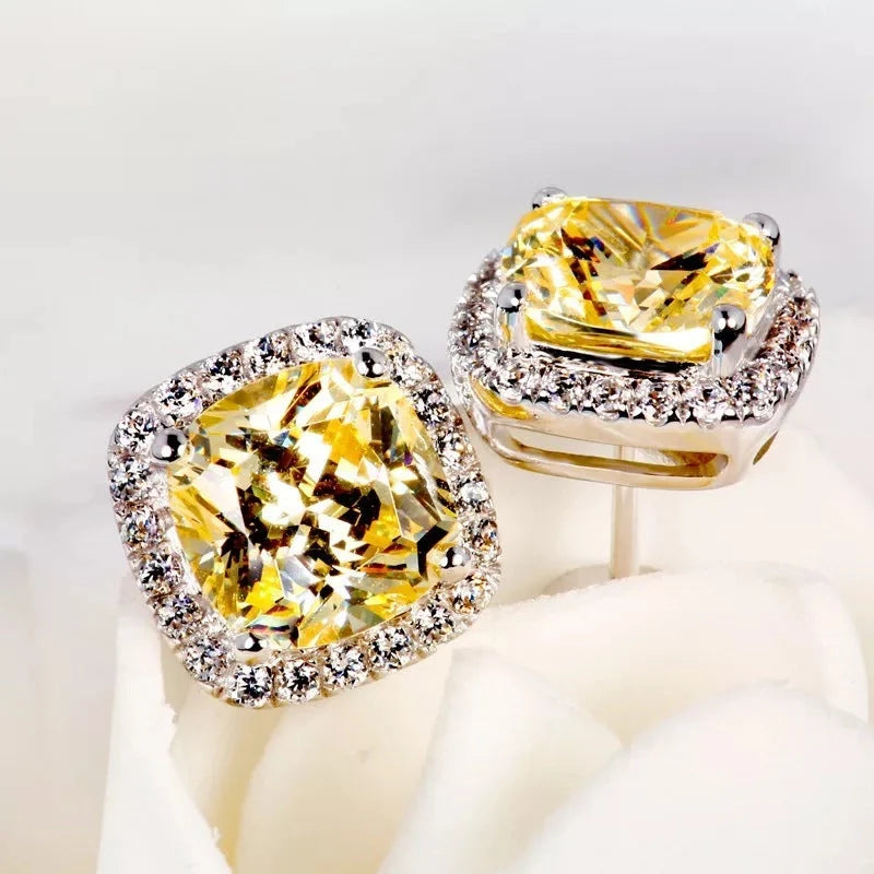 Retro geometric diamond earrings in yellow, white, and pink with zircon mosaic